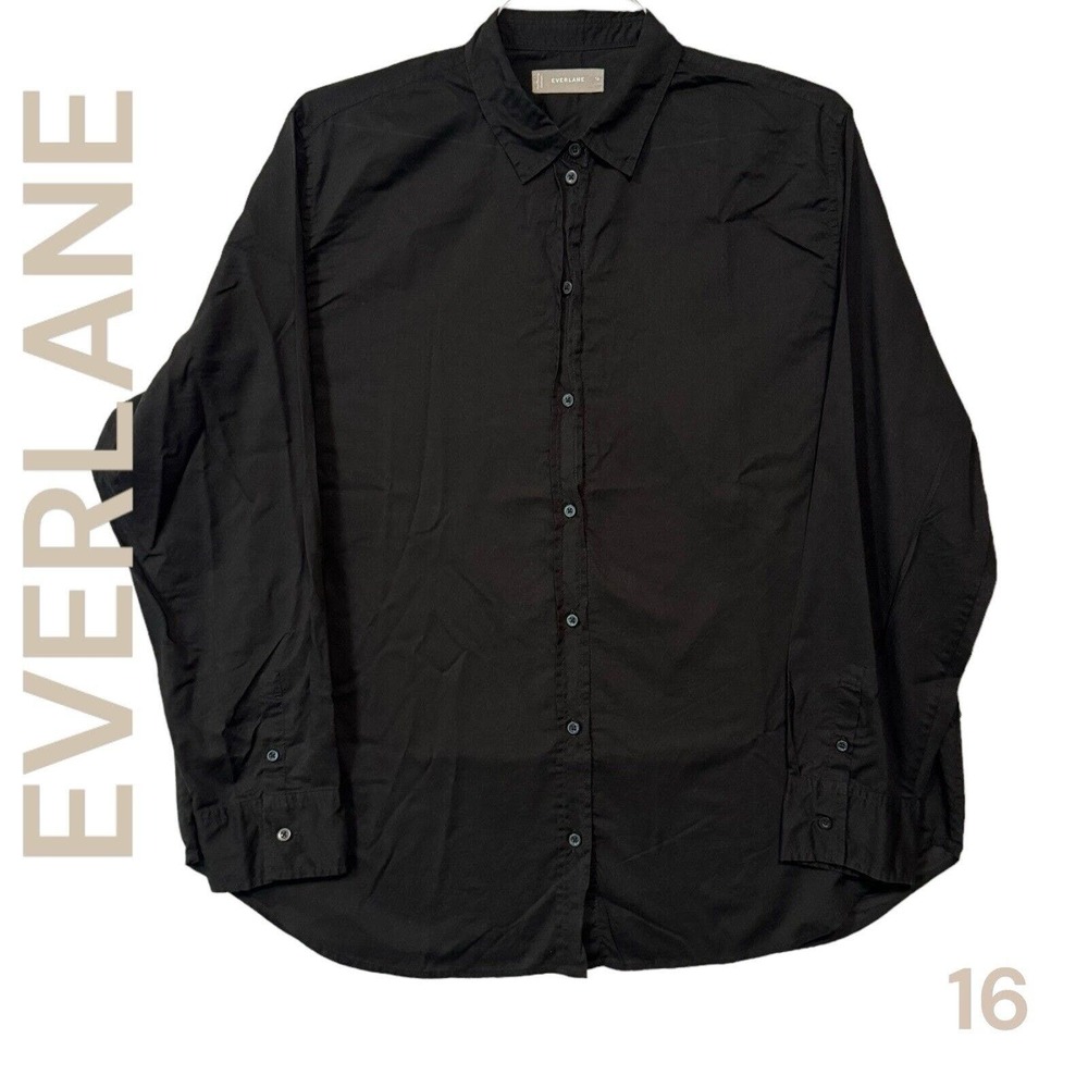 EVERLANE WOMENS BLACK BUTTON UP SHIRT SZ 16 COTTON LONG SLEEVE DESIGNER COLLARED